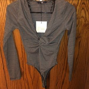 Misguided black Stripe plunge twist front bodysuit